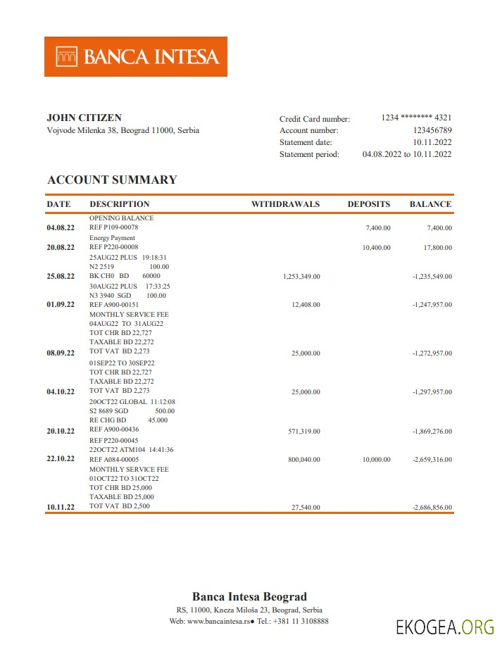 Relevé bancaire de Serbie Banca Intesa xls